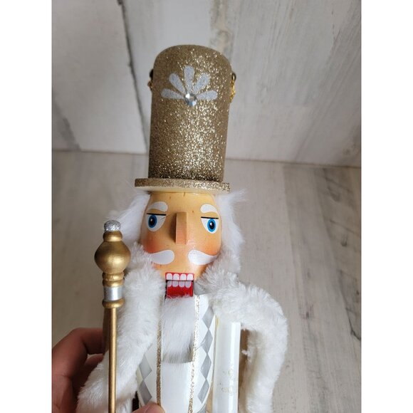 Nutcracker large wooden white staff guard Xmas home decor gold trim‎ - Picture 4 of 8